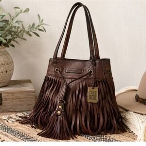 Frye Fringe Leather Hobo Bucket Bag | Boho Western Brown Tassel Purse